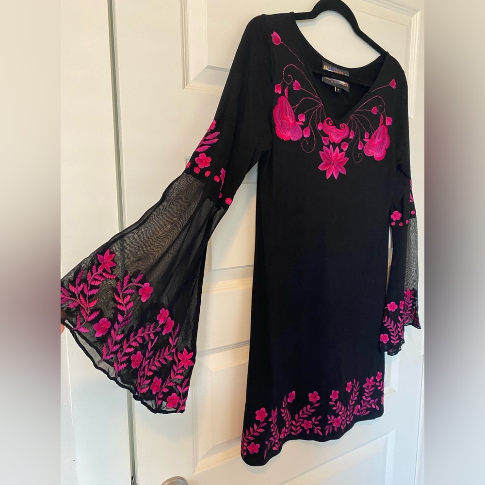 Bellsleeve Black Dress with Pink Floral Accents